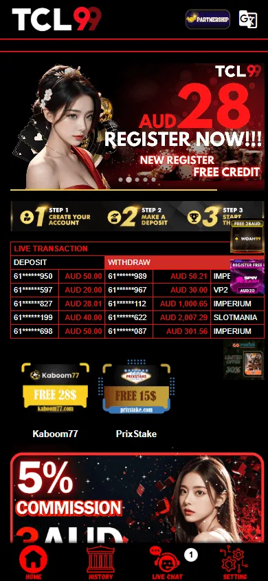 Tcl99 Casino home page on a smartphone browser