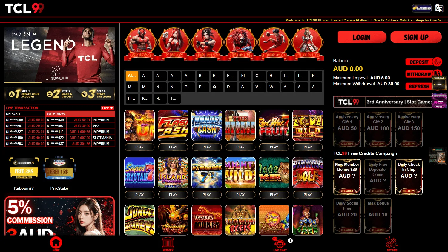 Tcl99 Casino home page on desktop for Australian players
